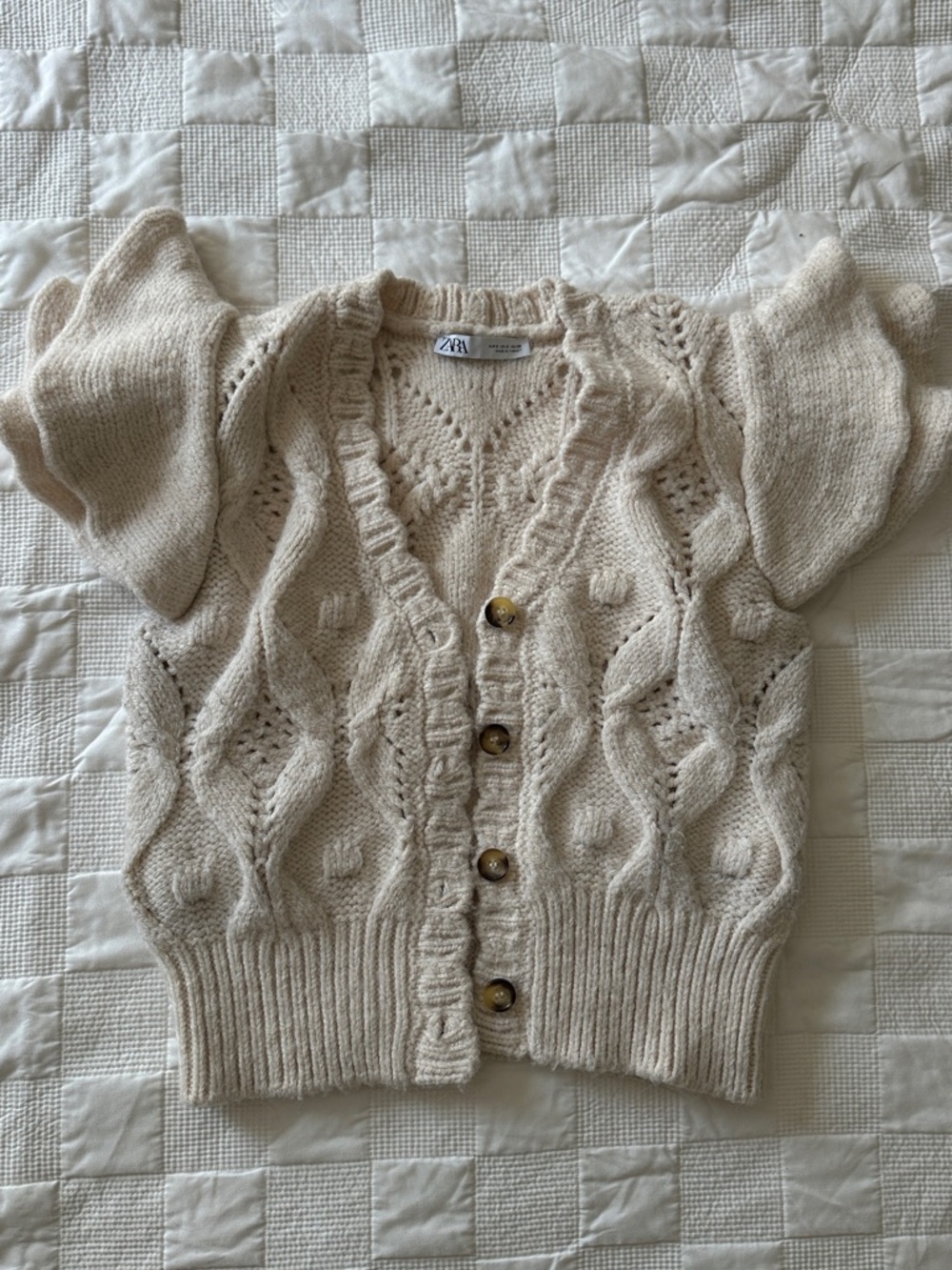 ZARA Cream Cable Knit Puff Sleeve Cardigan